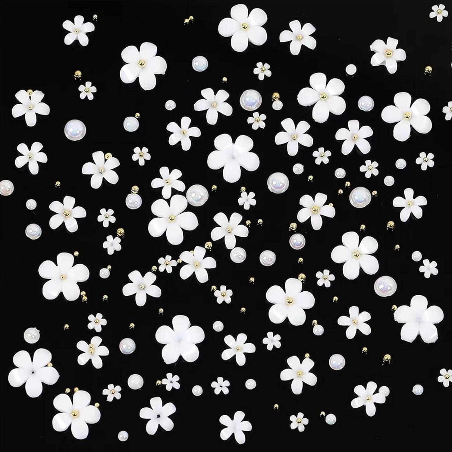 YOSOMK 3D Flower Nail Art Charms White Flowers Nail Charms with Gold White  Nail Pearls Cherry Blossom Nail Decorations Acrylic Nail Supplies  Accessories for Women Nail DIY Design