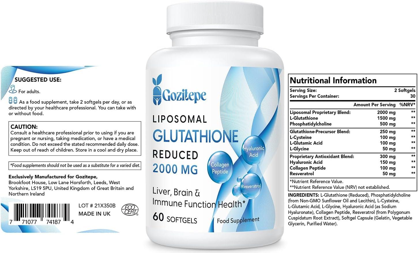 liposomal glutathione 2000 mg Gozitepe Liposomal Glutathione 2000mg with Hyaluronic Acid, Collagen  Peptide & Resveratrol - Powerful Antioxidant Supplement for Enhanced  Absorption - 60 Count | Buy Now with Express International Delivery