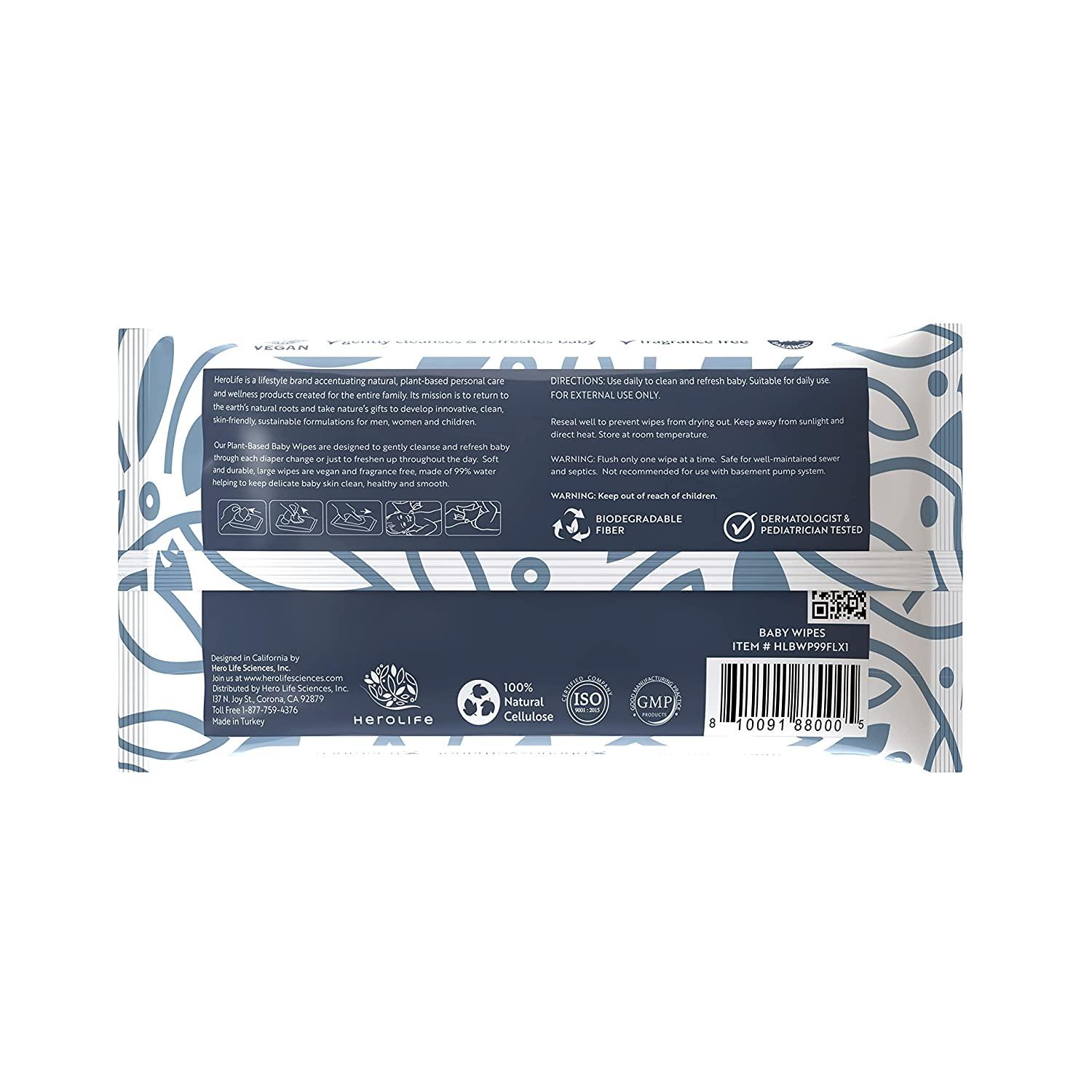 HEROLIFE Large Flushable Baby Wipes PlantBased, Biodegradable