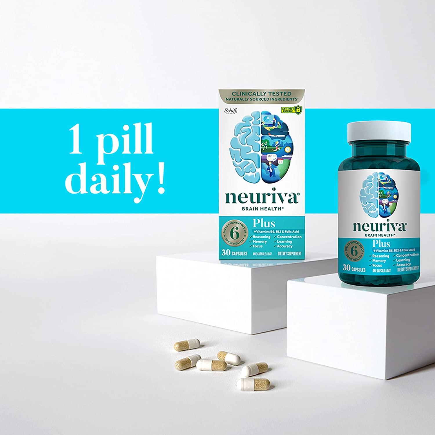NEURIVA Plus Brain Supplement For Memory, Focus & Concentration + Cognative  Function with Vitamins B6 & B12 and Clinically Tested Nootropics  Phosphatidylserine and Neurofactor, 30ct Capsules Brain Plus capsules