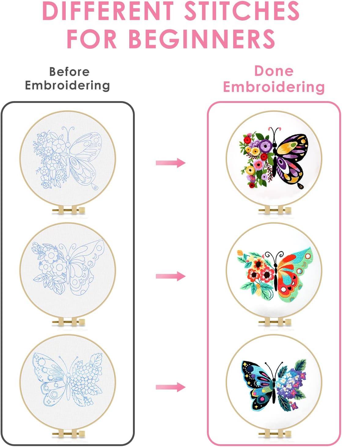 Butterfly Flower Embroidery Stitch Practice kit 3 Sets Beginners Embroidery Kit for Beginners