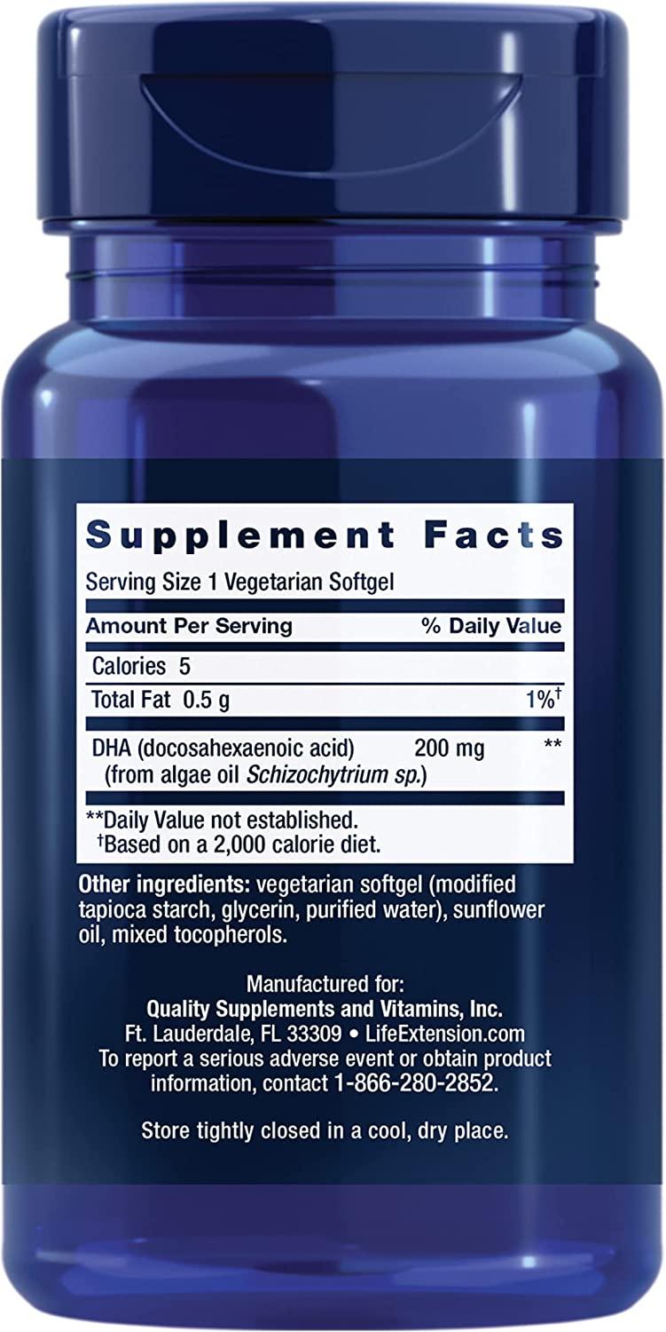 Life Extension Vegetarian DHA Algae Plant Based Omega3 Fatty Acid DHA Supplements Pills for