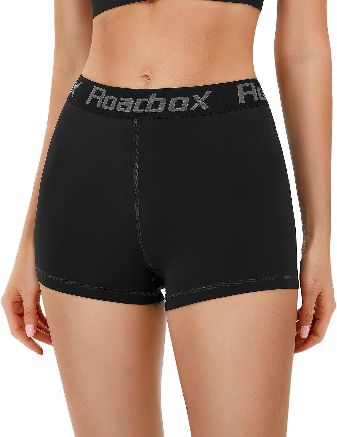 Roadbox Compression Shorts Women 3/5 Volleyball Shorts with  Pocket/Non-Pocket Cool Dry for Running Workout Yoga Swimming  Black+black+black Medium