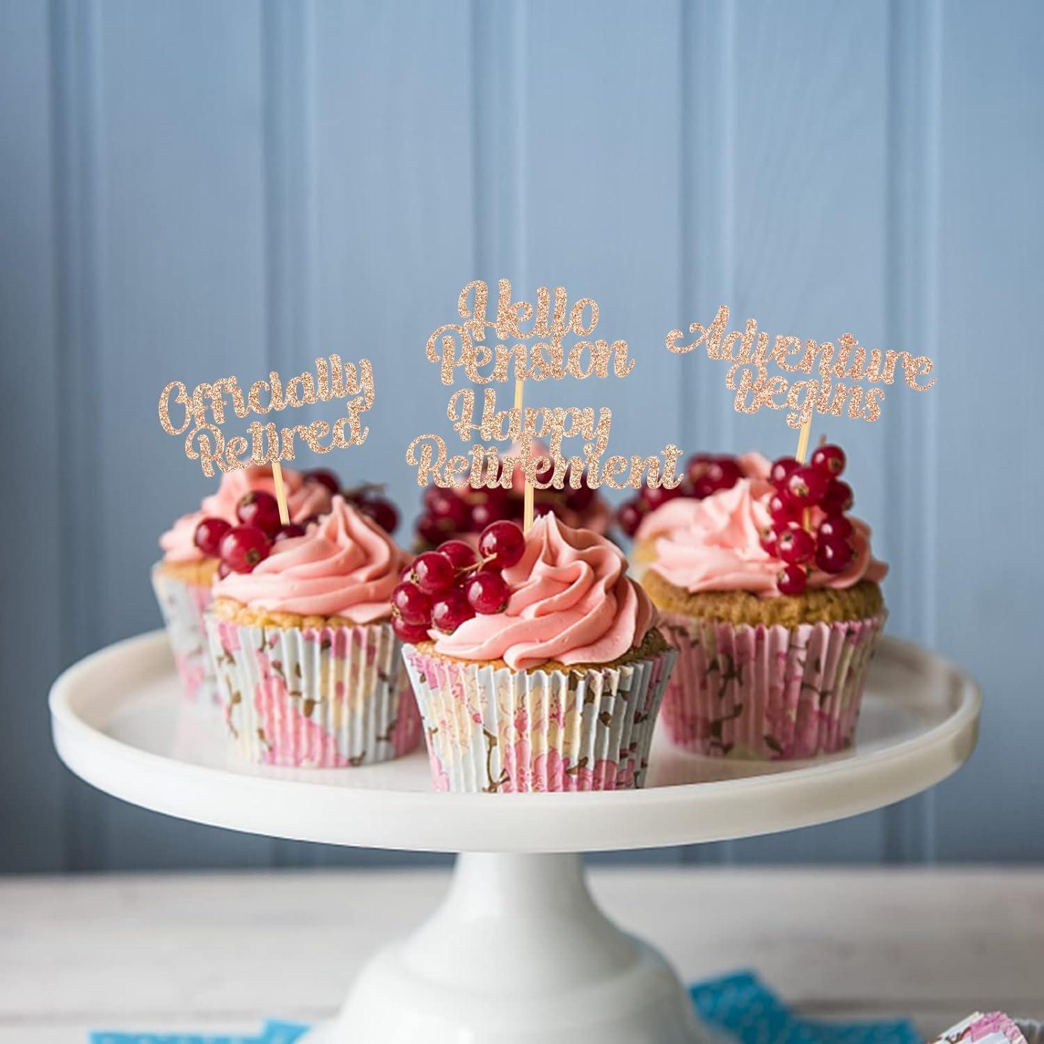 Gyufise 24 decorazioni per cupcake con scritta Happy Retirement, ufficialmente in pensione, senza zona di lavoro, Adventure Begins, per pensionamento, decorazioni per feste di compleanno, forniture