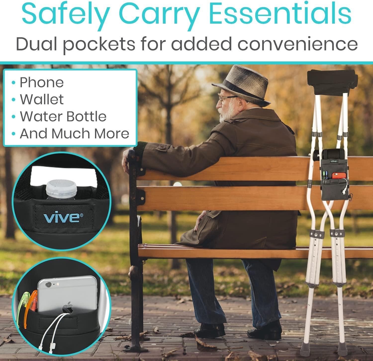 Vive Crutch Pouch Bag with Foam Hand Grip Pads Tote for Broken Leg