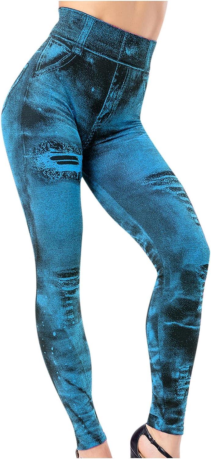 BUIgtTklOP Women's Casual Pants Imitation Denim Print Leggings