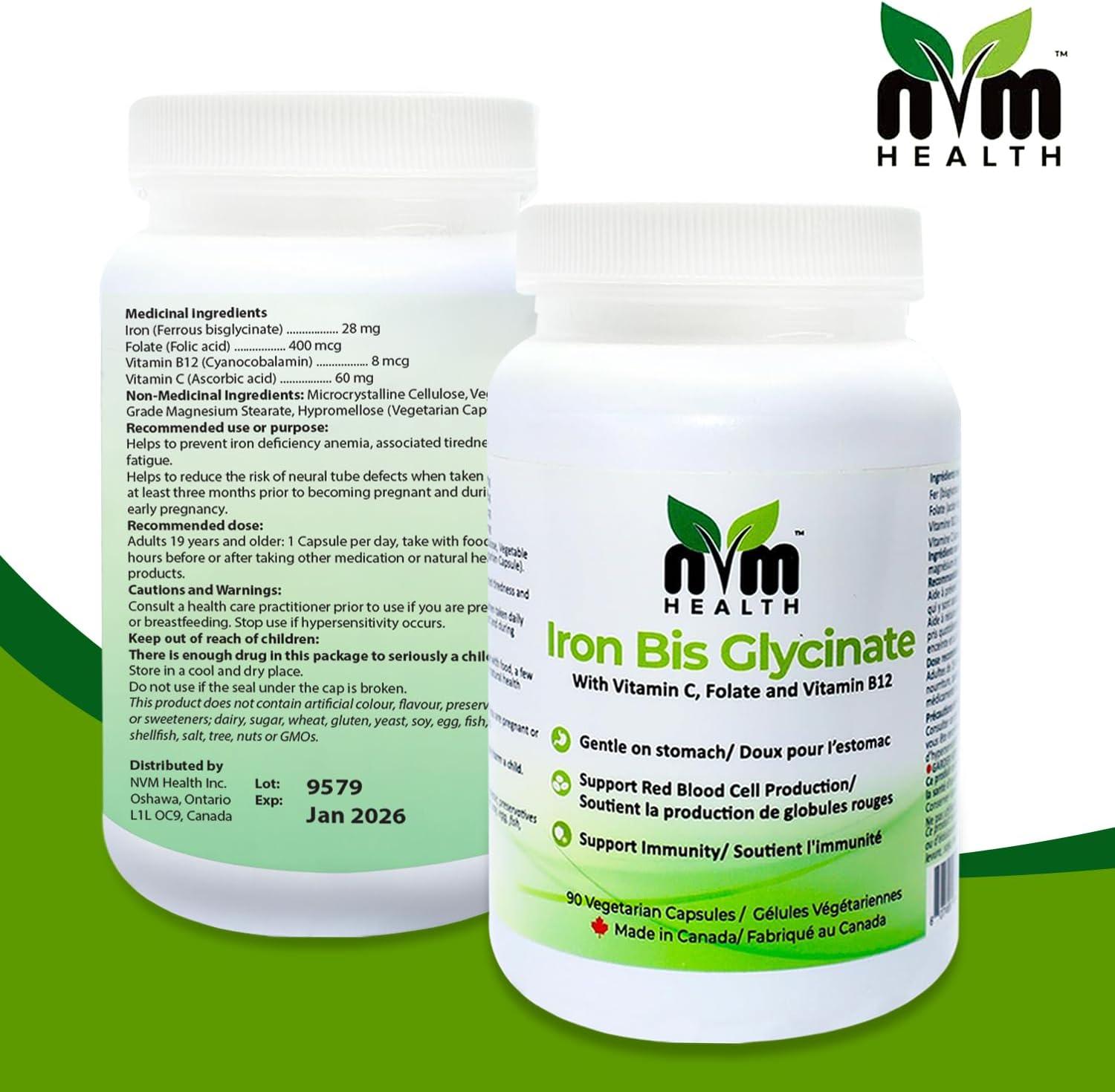 NVM Health Gentle Iron Bisglycinate with Vitamin C, B12, Folic Acid