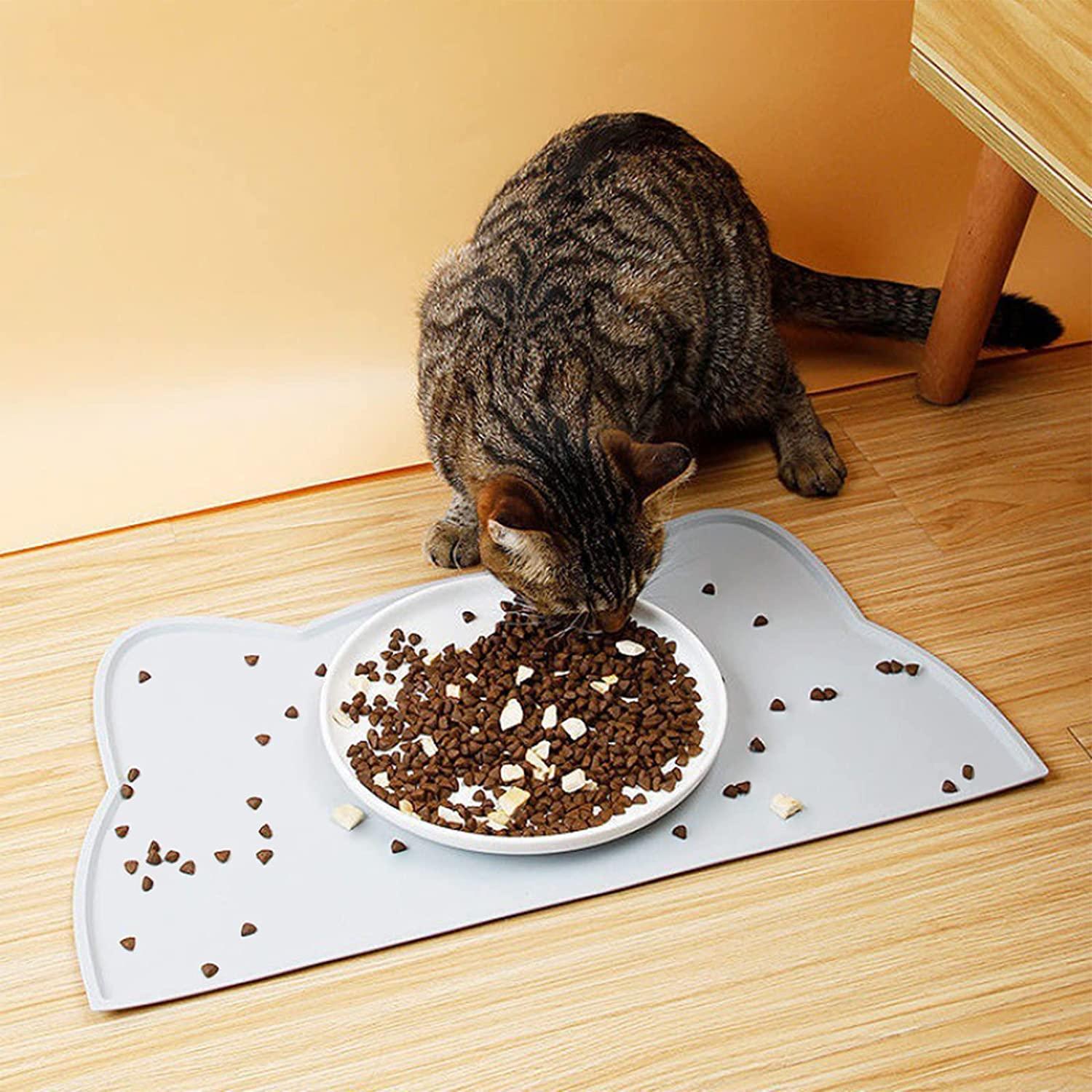 TOKAYIFE Cat Food Mat, Silicone Non Slip Dog Bowl Mat Waterproof Cat  Feeding Mat Stop Food Spills and Water Messes Out to Floor Pet Food Mat 17  x 10 Light Gray