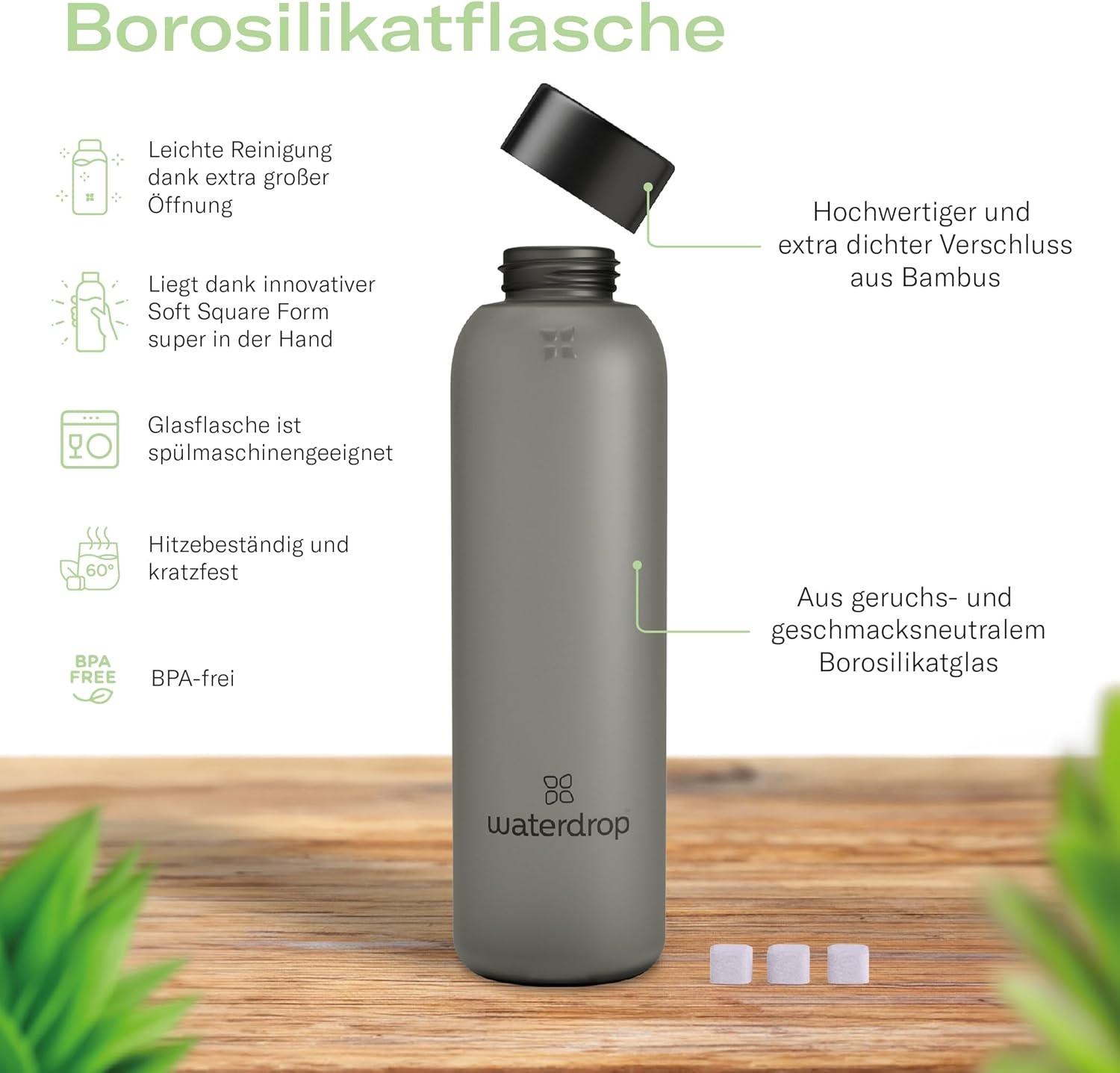 Waterdrop Starter Set Glass - 1L Glass Bottle + 18 Sugar-Free Microtrinks  in 6 Fruity Varieties | Leak-Proof Carbonic Acid Beverages | Buy Now with  Express International Delivery | GoSupps.com