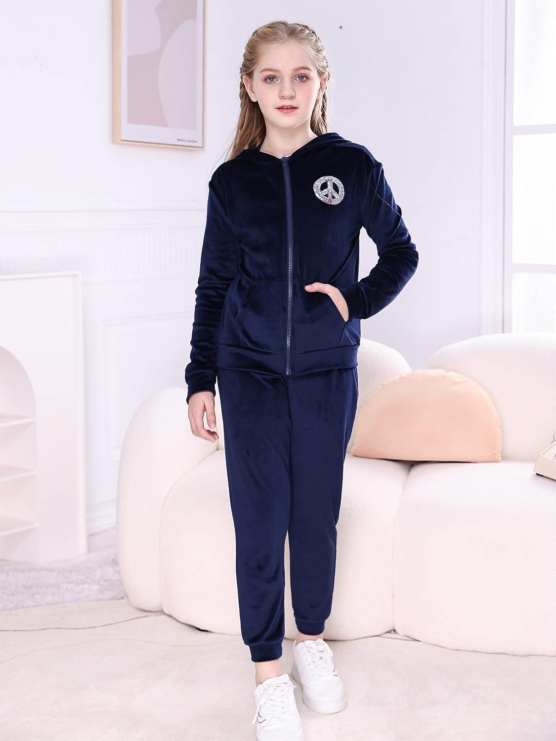 V.&GRIN Girls Tracksuit 2 Piece Outfit Velour Zip Up Hooded