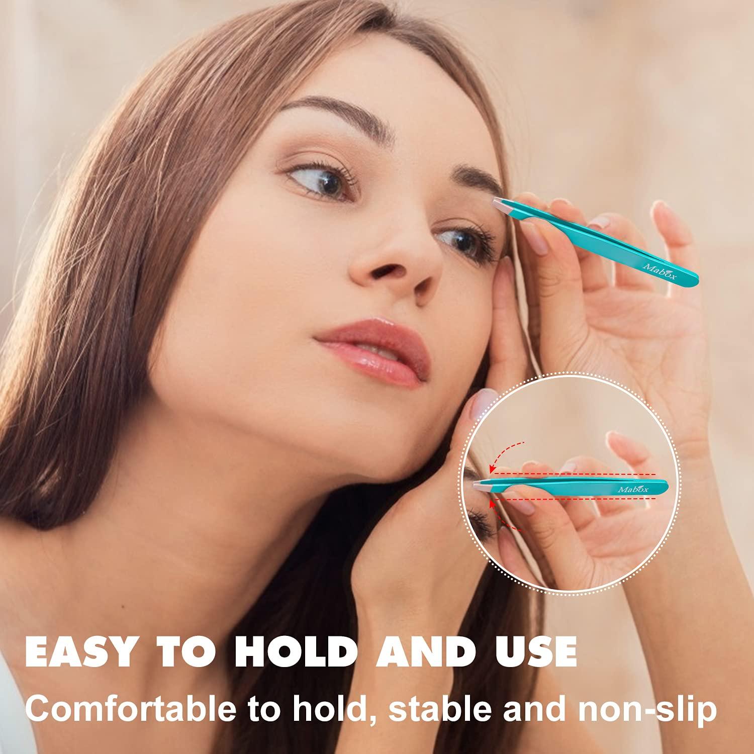 Mabox Professional Tweezers Set with Case 4 Pieces Slanted and Pointed Stainless Steel