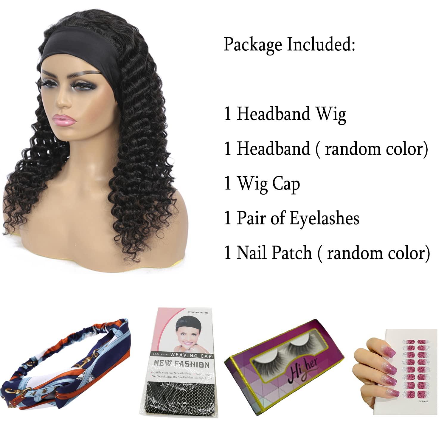 Headband Wig Human Hair Deep Wave 16 Inch Wigs for Black Women Glueless  None Lace Front Curly Wave Wig Brazilian Virgin Hair Wear and Go Wigs  Machine Made 150% Density Wigs Natural