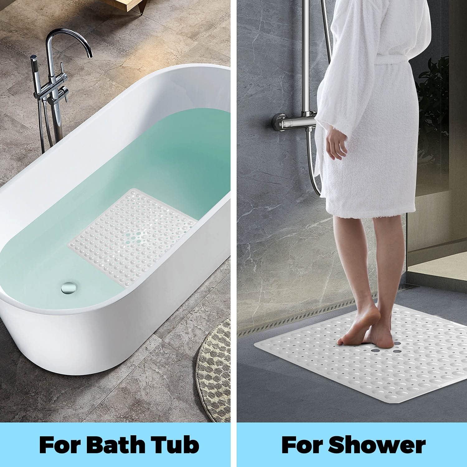YINENN Shower Mat Square Bathroom Mats 21 x 21 inches with Suction Cups and  Drain Holes, Non Slip and Washable for Showers (White)