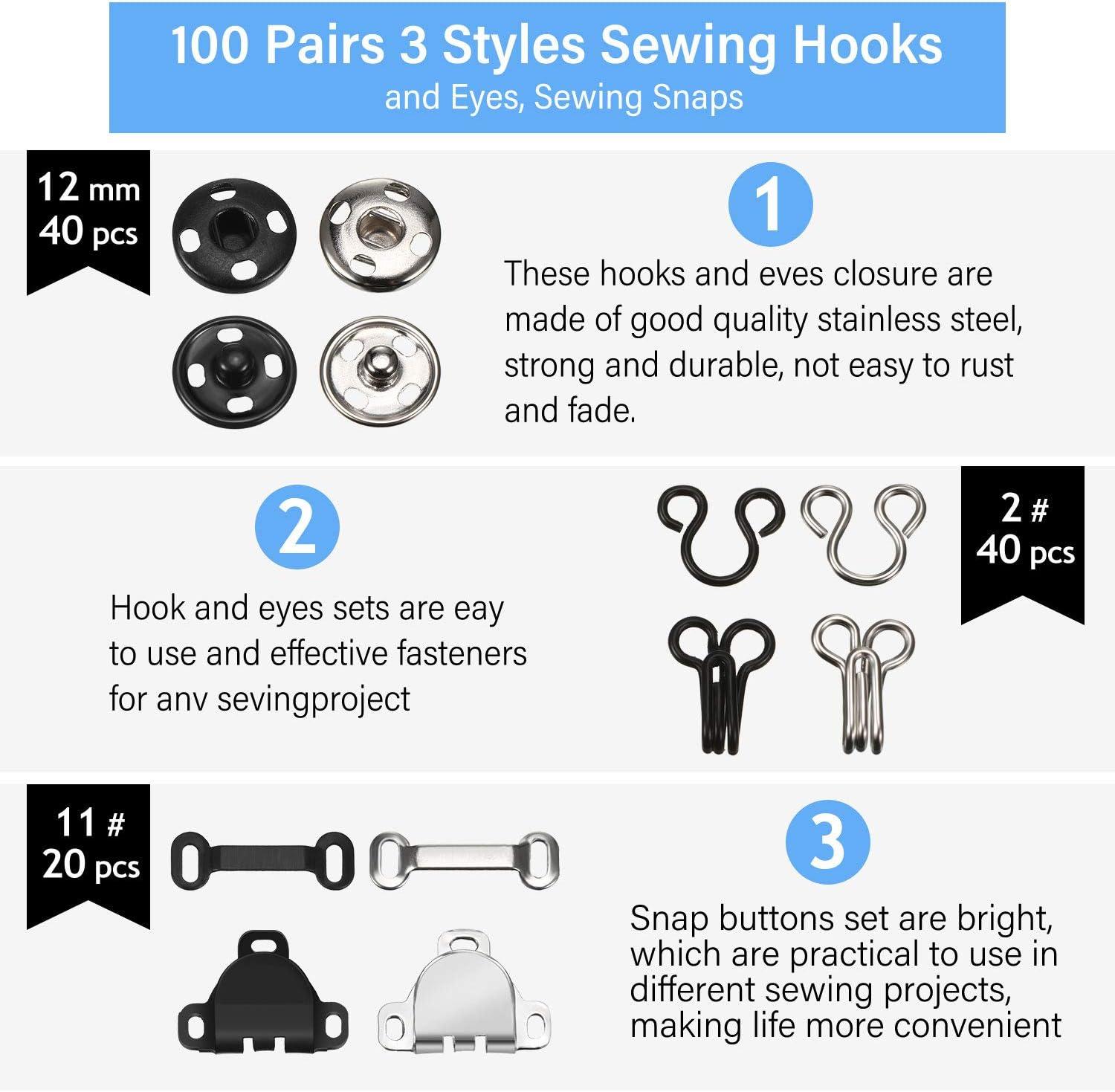 100 Pairs 3 Styles Skirt Sewing Hooks and Eyes Sewing Snaps Kit Hook and Eye  Closures Metal Snaps Buttons Fasteners Press Studs for Trousers Skirt Dress  Bra Sewing DIY Crafting 2 Colors