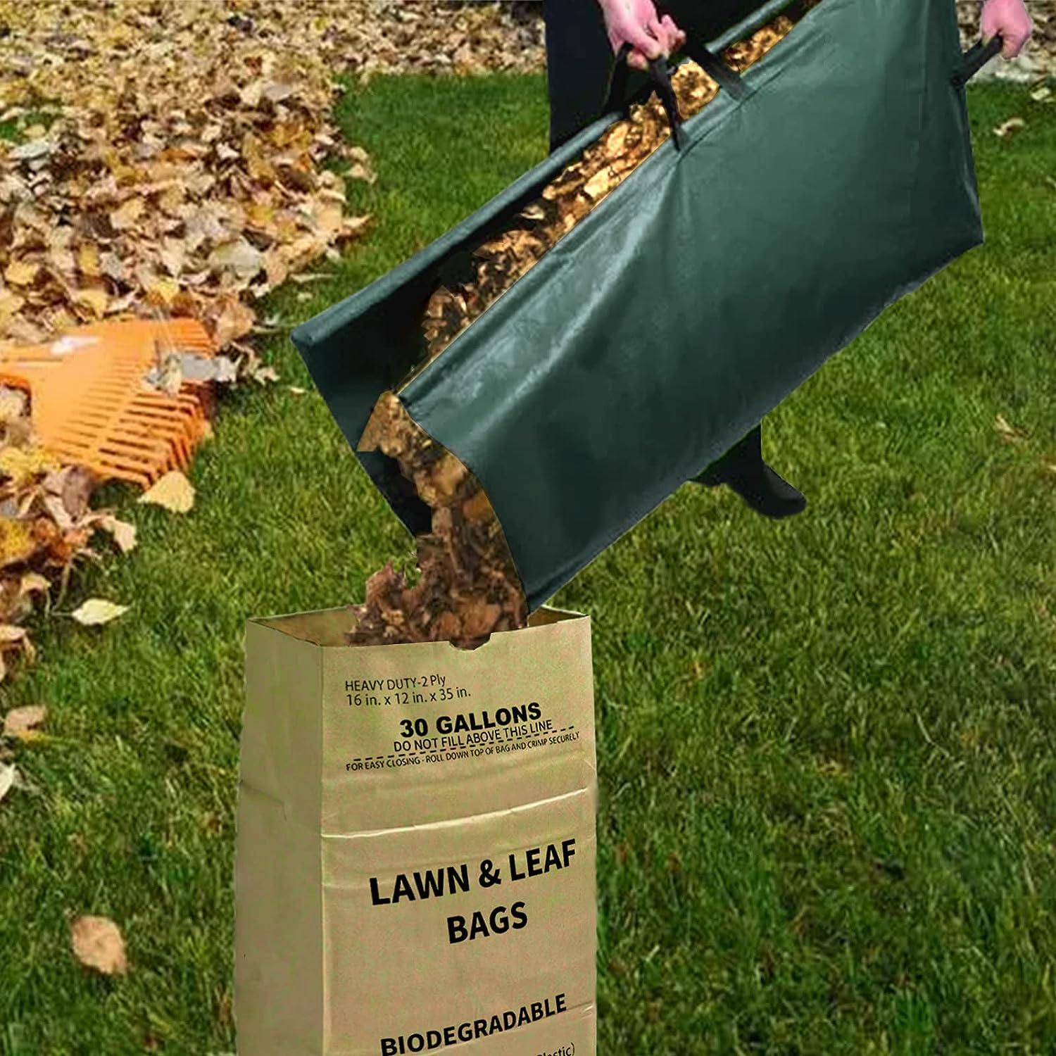 LeafSky Leaf Collector Tripod Bag and Lawn Leaf bag Kit with leaf scoops  Gloves  10 Count 30 Gallon 2-Ply Heavy Duty Self Standing Kraft Paper Bags  Yard Waste Bag for Grass