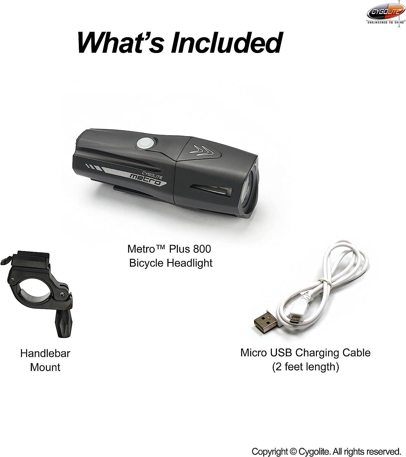 CYGOLITE Metro Plus 800 Lumen Bike Light USB Rechargeable Headlight for Road Mountain Bikes 5 Night 3 Daytime Modes IP67 Waterproof Compact Design Durable Hard Mount 800 Lumens Black
