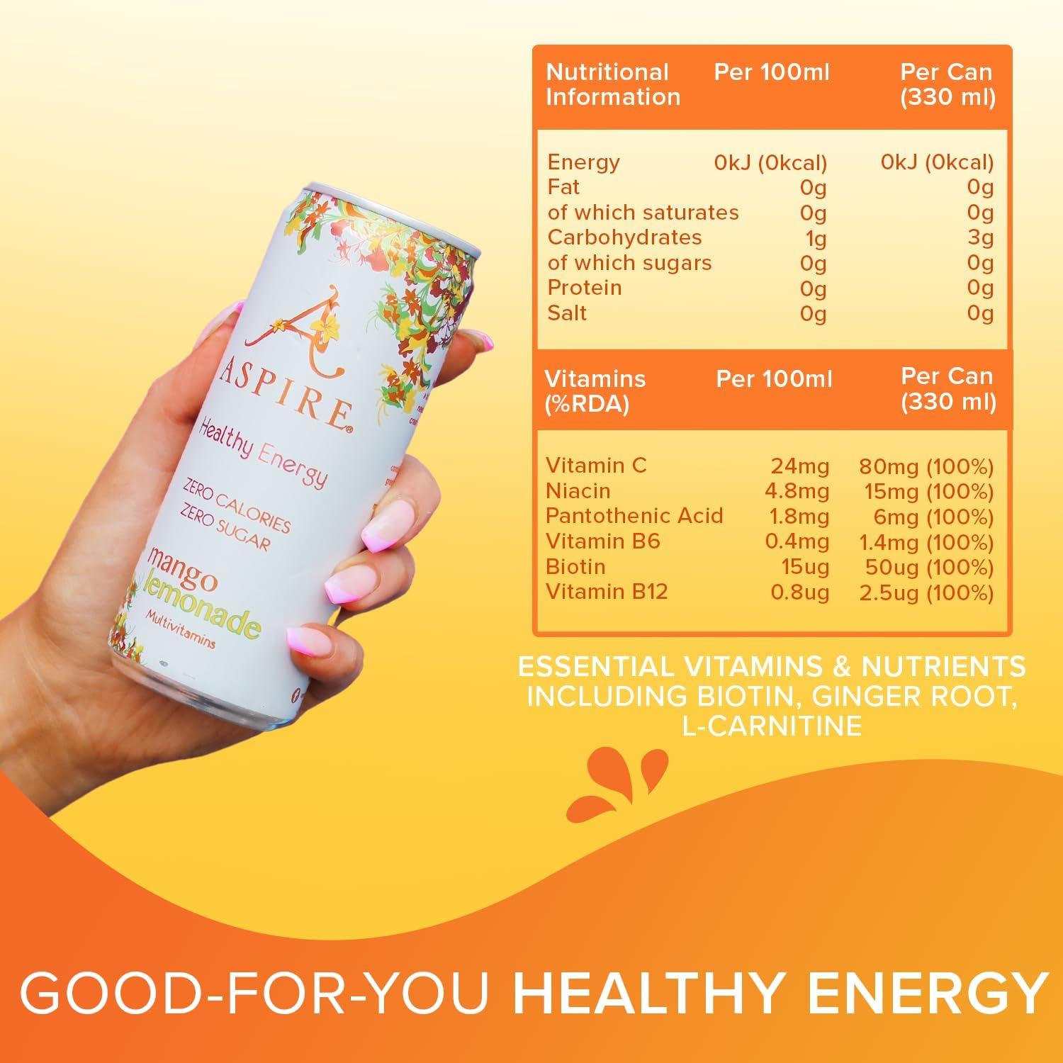 ASPIRE Mango Lemonade Healthy Energy Drink 12 x 330ml Cans Zero