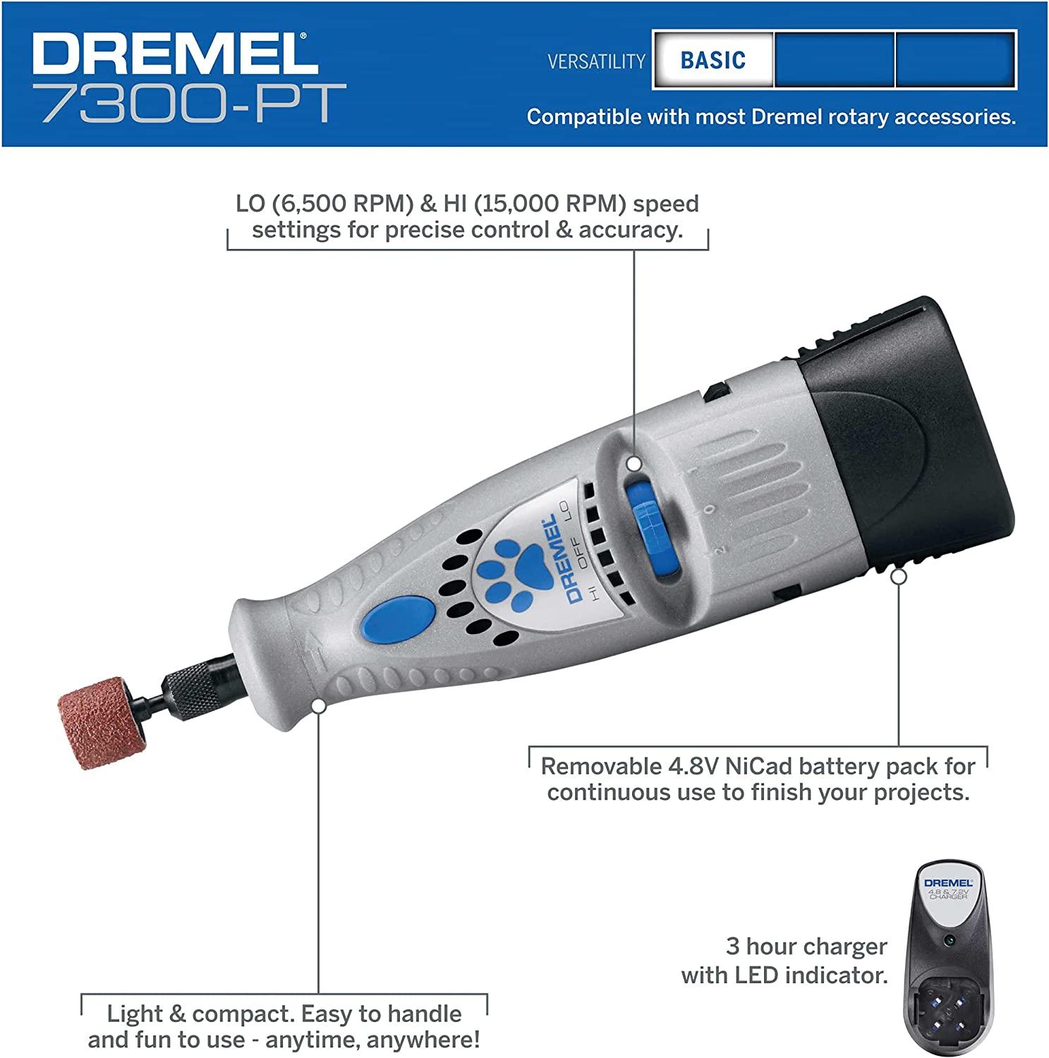  Dremel 7300-PT 4.8V Cordless Pet Dog Nail Grooming & Grinding  Tool, Easy to Use, Rechargeable, Safely Trim Pet & Dog Nails , Grey ,  Medium : Pet Supplies