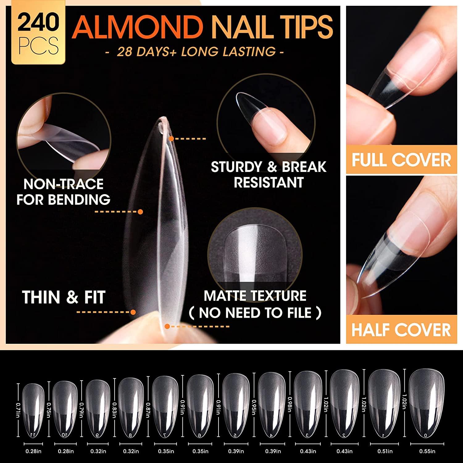 Gellen Nail Tips And Glue Gel Kit - Acrylic Nail Kit Short Almond Fake  Nails 504Pcs Clear False Nail Tips, 3 IN 1 Nail Glue Gel, LED Nail Lamp  Acrylic