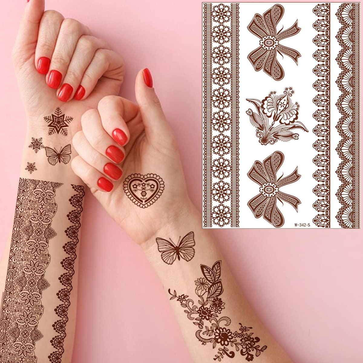 Brown Henna Temporary Tattoos - Butterfly Stars Lace Design