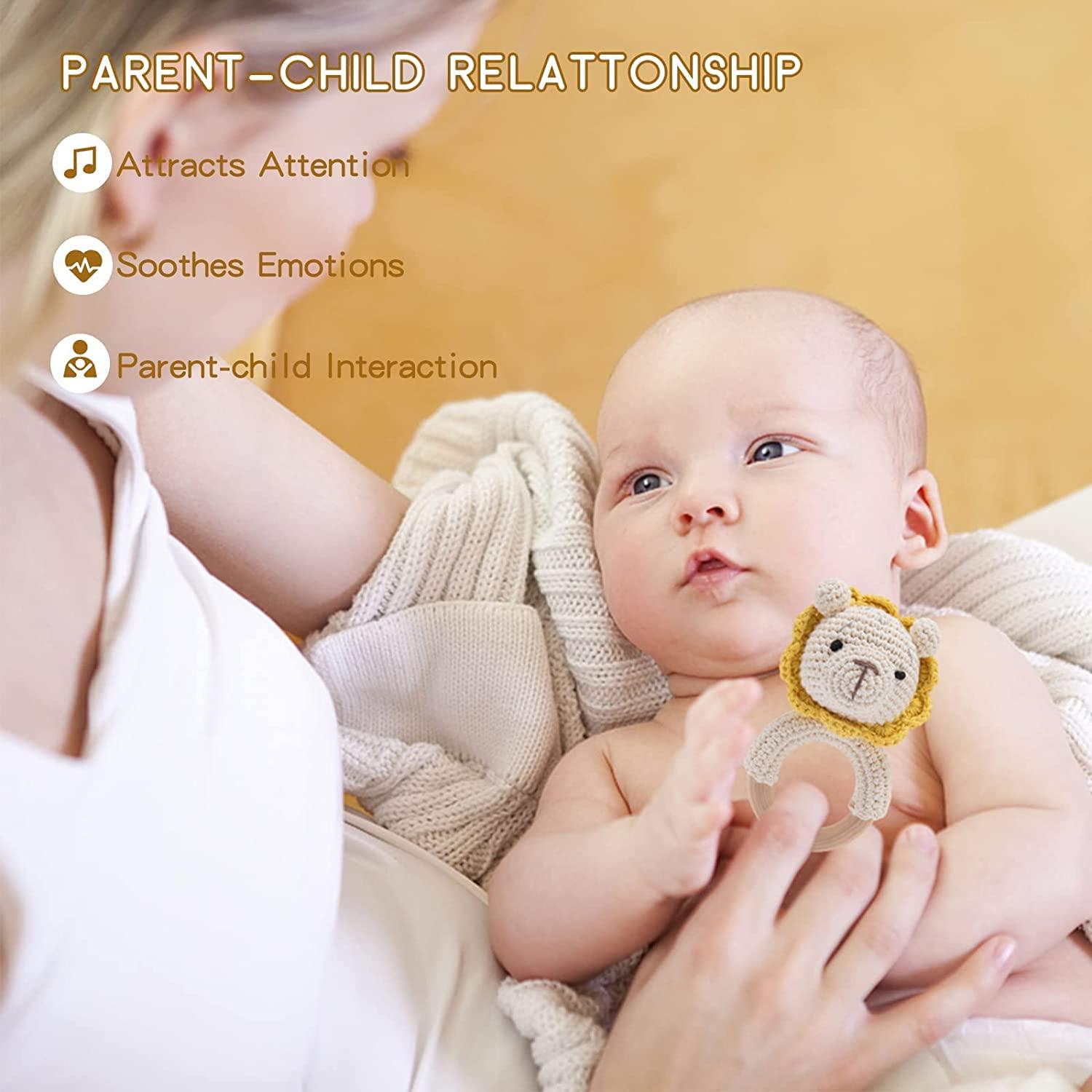 Youuys Wooden Rattle for Baby Brain Development, Crochet Lion Wood Baby