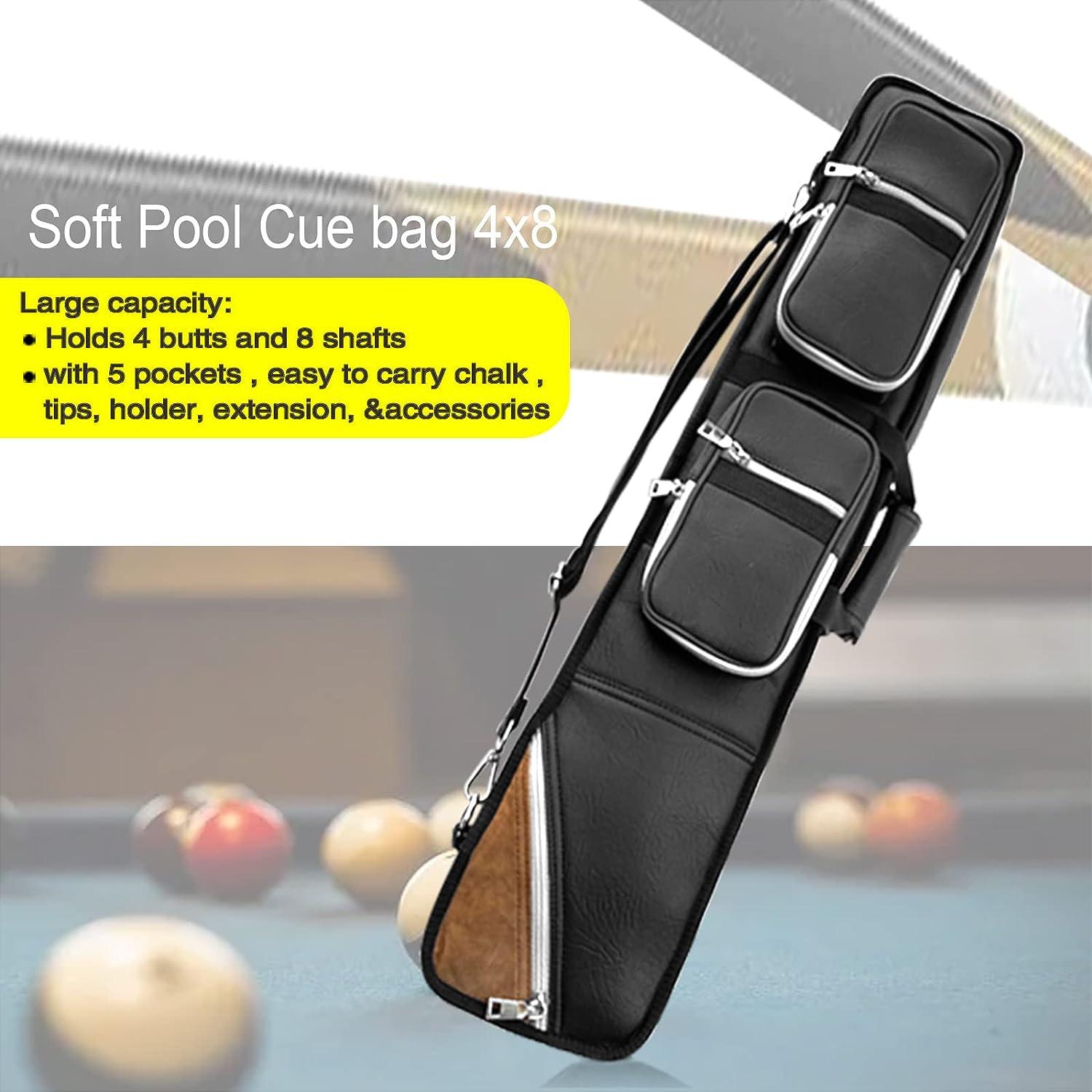 ICZW 4x8 Pool Cue Case Billiard Stick Carrying Case Leatherette Soft Cue Bag  Hold 4 Butt 8 Shaft (Black and Camel)