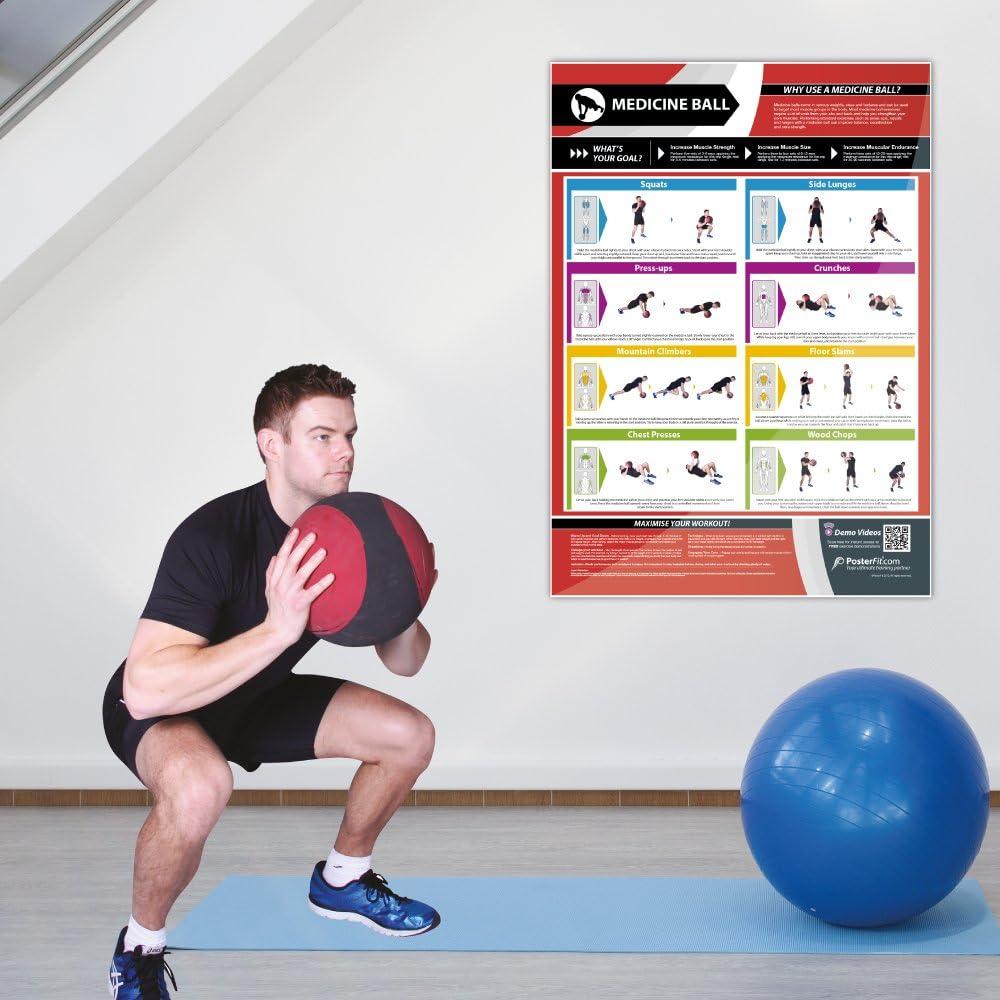 Medicine Ball Exercise Targets Muscle Groups Improves Strength Training Laminated Home and Gym Poster Free Online Video Training Support Size