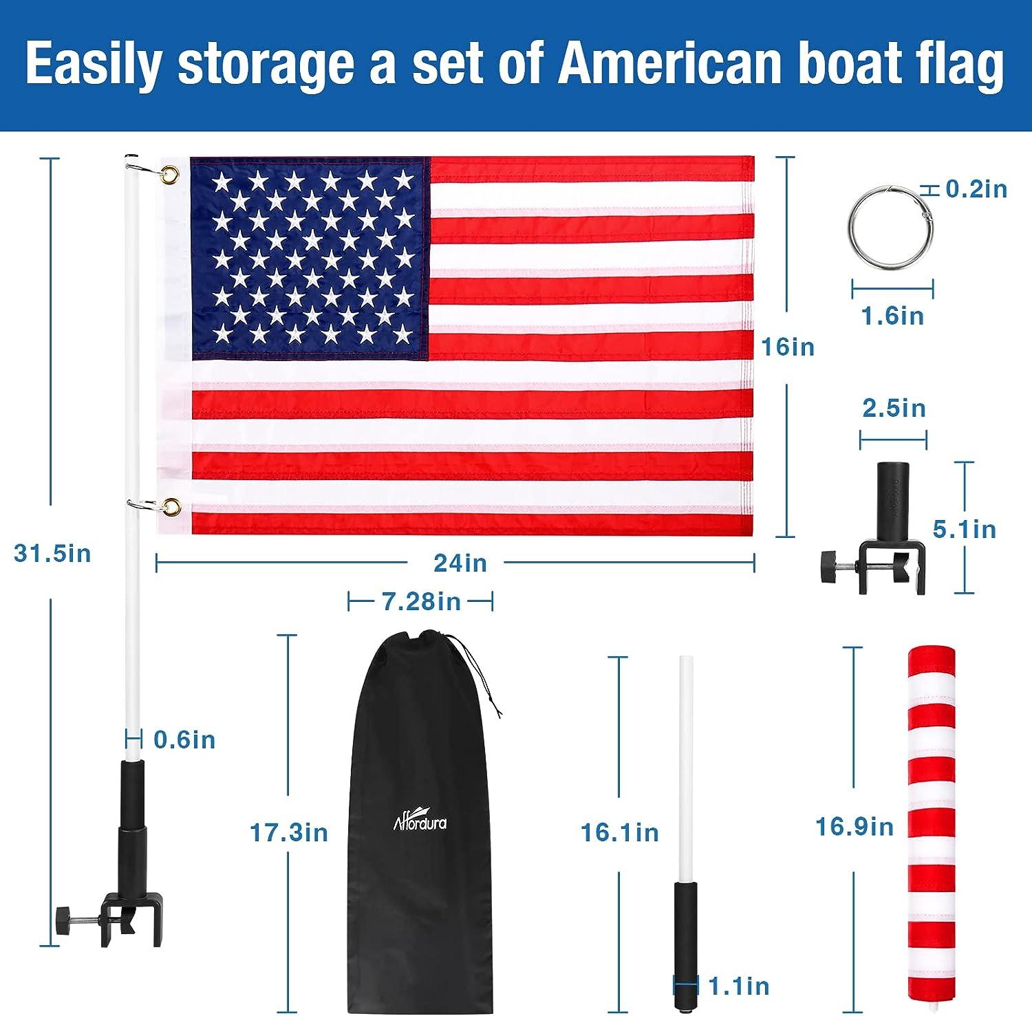 Affordura Boat American Flag with Pole 16x24 Boat Flag Pole Mount for  0.5-1.33 Inch Round and Pontoon Square Rails with 2 American Boat Flag  Clips blue 16x24