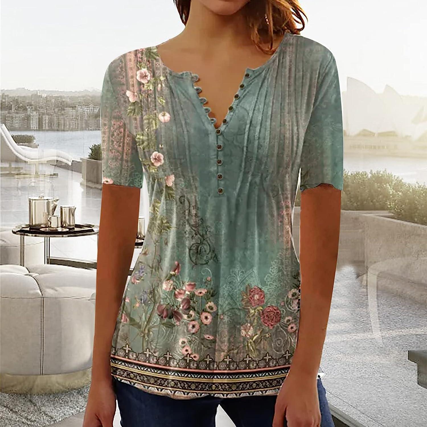Floral Tops for Women Dressy Casual Short Sleeve V Neck Shirts