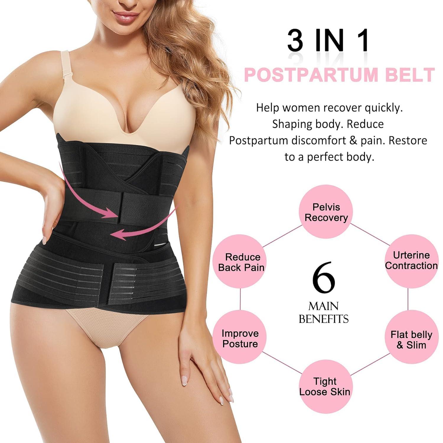 Gotoly 3 in 1 Postpartum Belly Wrap Waist/Pelvis C-Section Recovery Belt  Belly Support Band After Pregnancy Tummy Control Girdle Body Shaper Black M