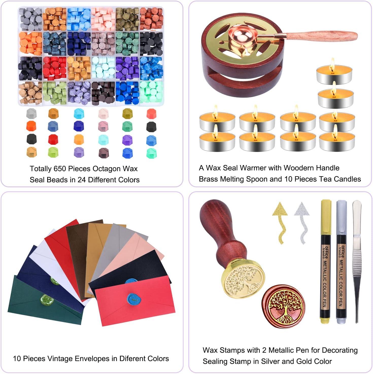 Wax Seal Stamp Kit - 650 pcs Beads,Warmer,Stamp,Spoon, Candle, Tweezer &  Pen