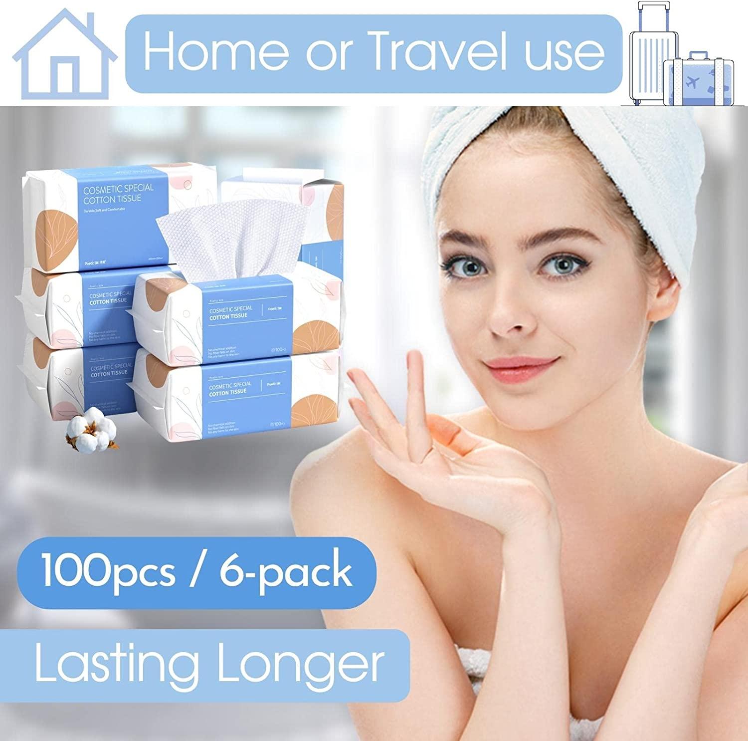 PoeticEHome Soft Dry Wipe 6 Pack, 100 Cotton Face Tissues, Lint Free