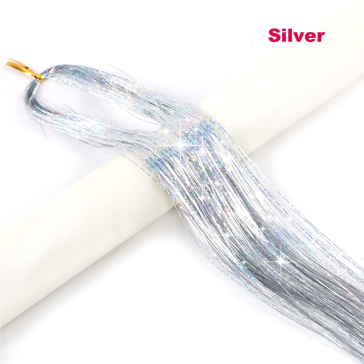Silver Hair Tinsel Kit 5Pcs 1200 Strands, Hair Tinsel Heat Resistant Fairy  Hair Tinsel Kit 48 Inch, Sparkling Glitter Tinsel Hair Extensions Hair  Tensile For Halloween Christmas New Year Party (Shining Silver)
