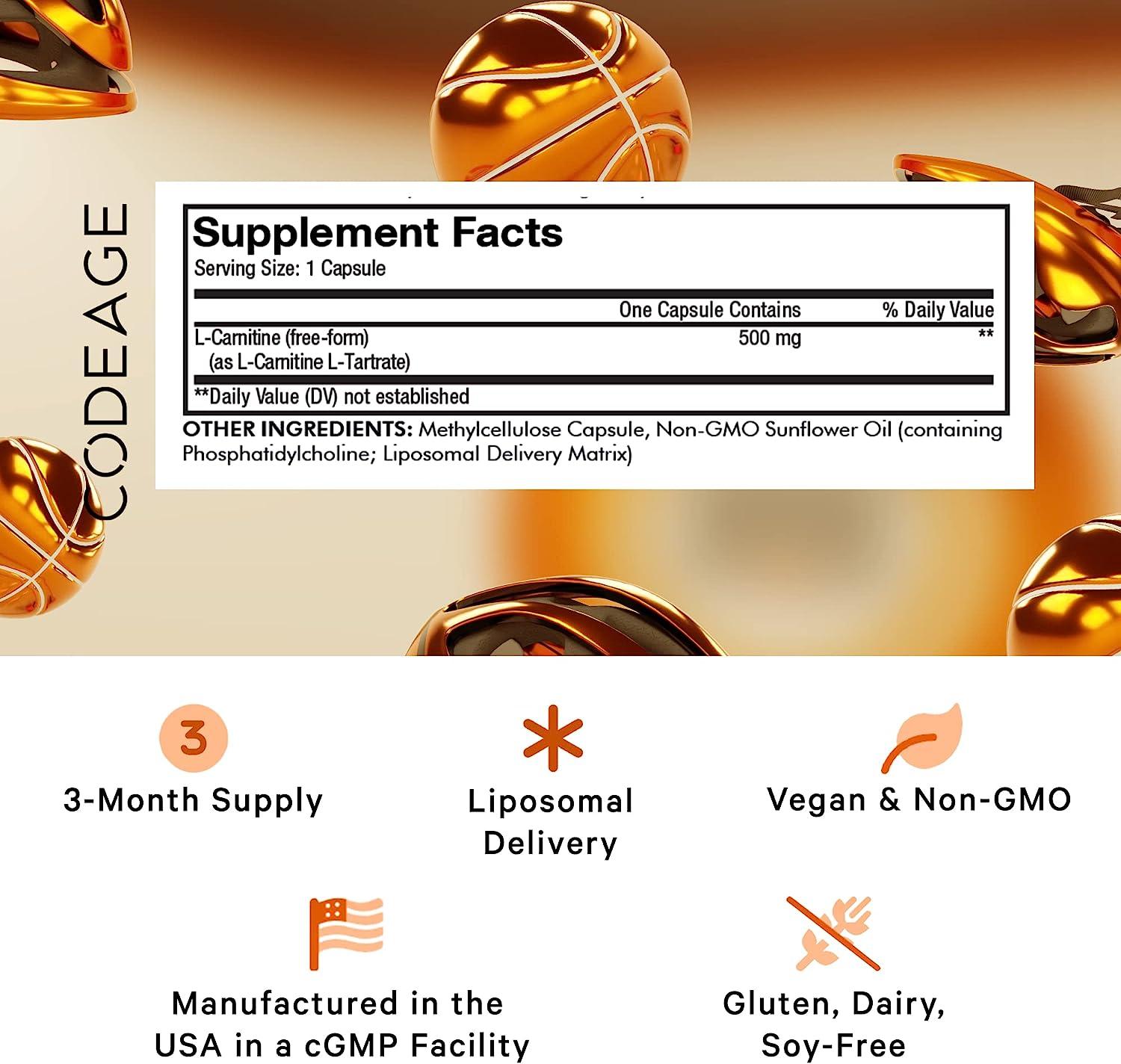 Codeage L-Carnitine 500mg | 3-Month Supply, L-Tartrate, Free Form Amino  Acid | Liposomal Delivery, Vegan & Non-GMO - 90 Capsules | Buy Now with  Express International Delivery