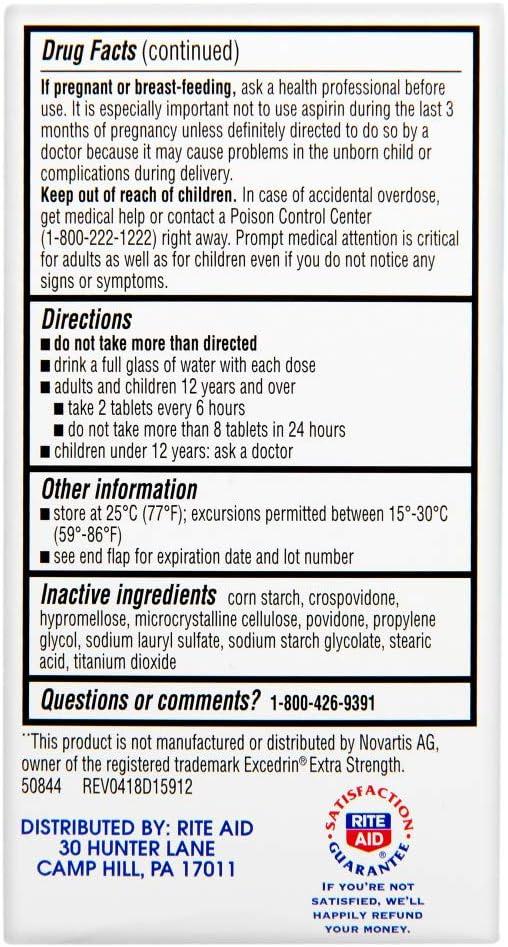 Rite Aid Extra Strength Pain Reliever, Acetaminophen 250mg, Aspirin