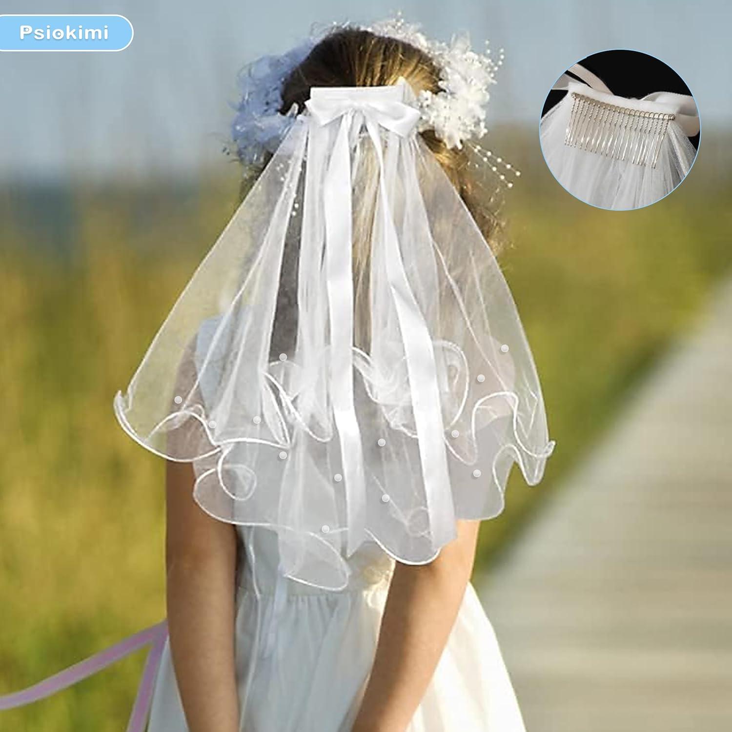 Bachelorette Bow Veil for Bride 2Pcs White Tulle Veil Barrette and