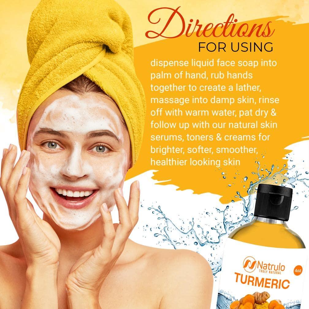 Natrulo Turmeric Face Wash, 4oz Clear Skin Liquid Soap 100 Natural Anti Aging Exfoliating