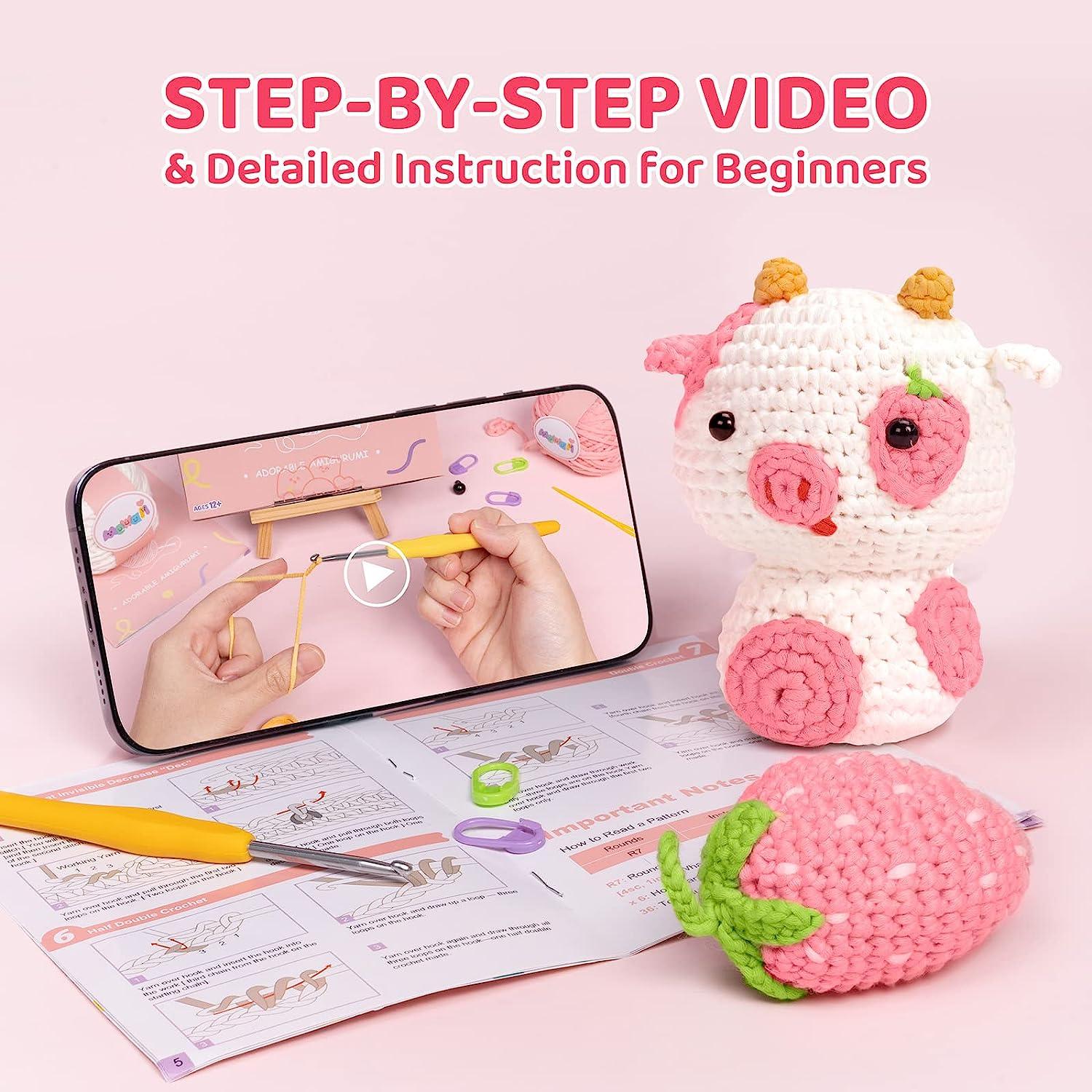 Mewaii Crochet Kit for Beginners, Complete DIY Kit with Pre-Started Yarn, Step-by-Step Videos (Strawberry Cow), Size: 4.7, Pink