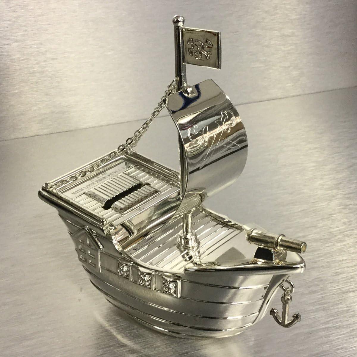 Personalised Silver Plated Money Box Pirate Ship Engraved with a