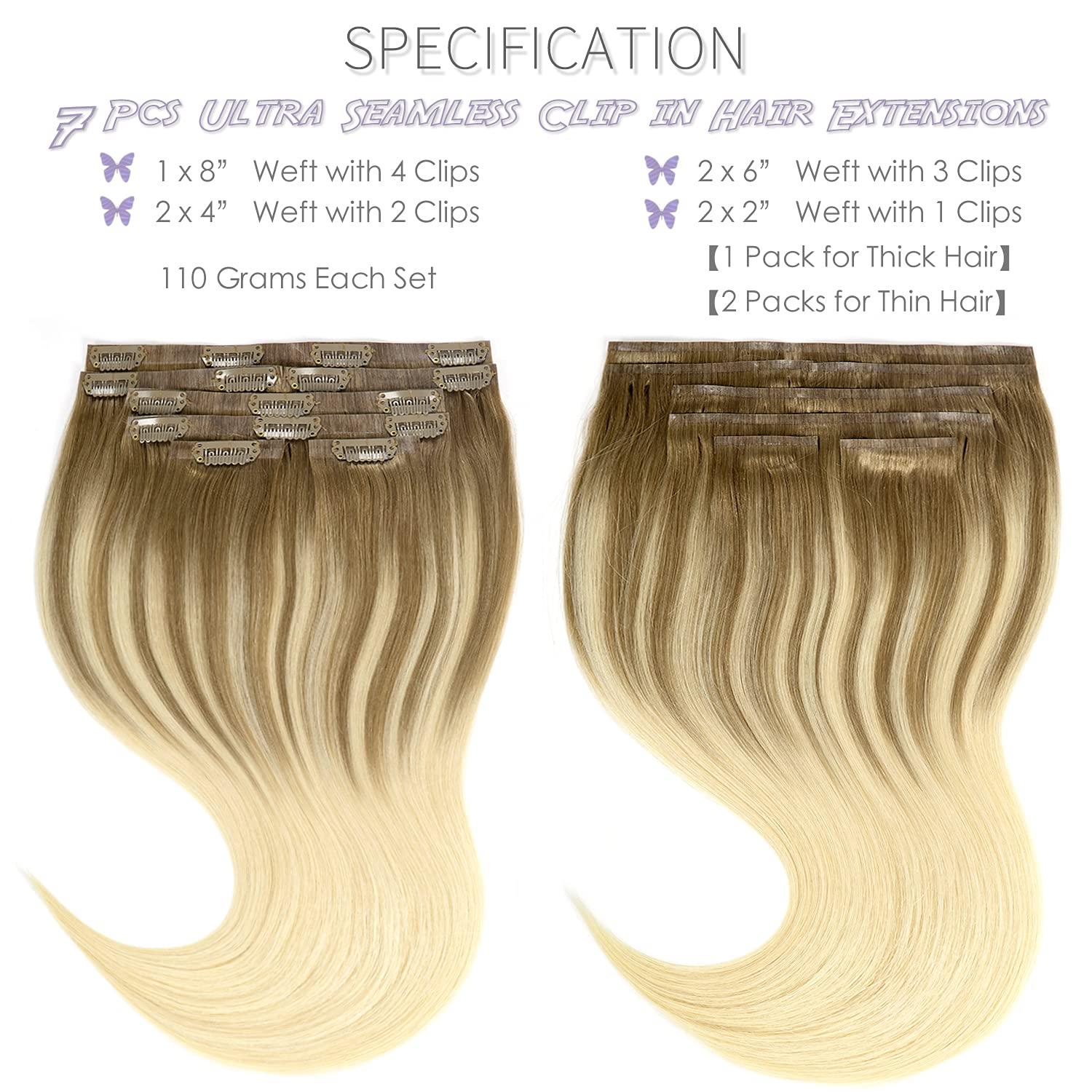 Lacer Ultra Thin Weft Seamless Hair Extensions Clip in Human Hair Double PU  Skin Weft Light Brown Fading to Platinum Blonde 100% Human Hair Clip in  Hair Extensions 7pcs 110g with 16