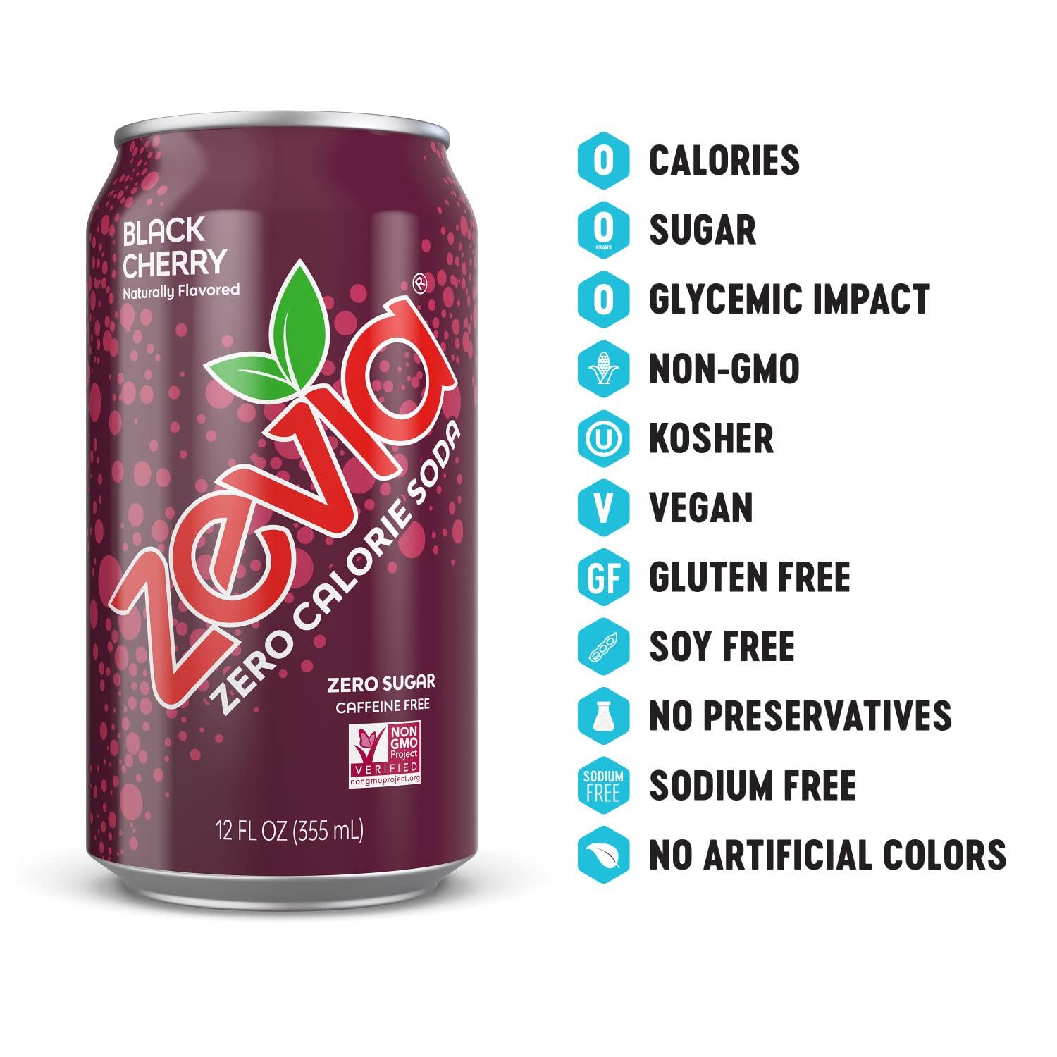 Zevia Zero Calorie Soda Black Cherry 12 Ounce Cans (Pack of 24) Black
