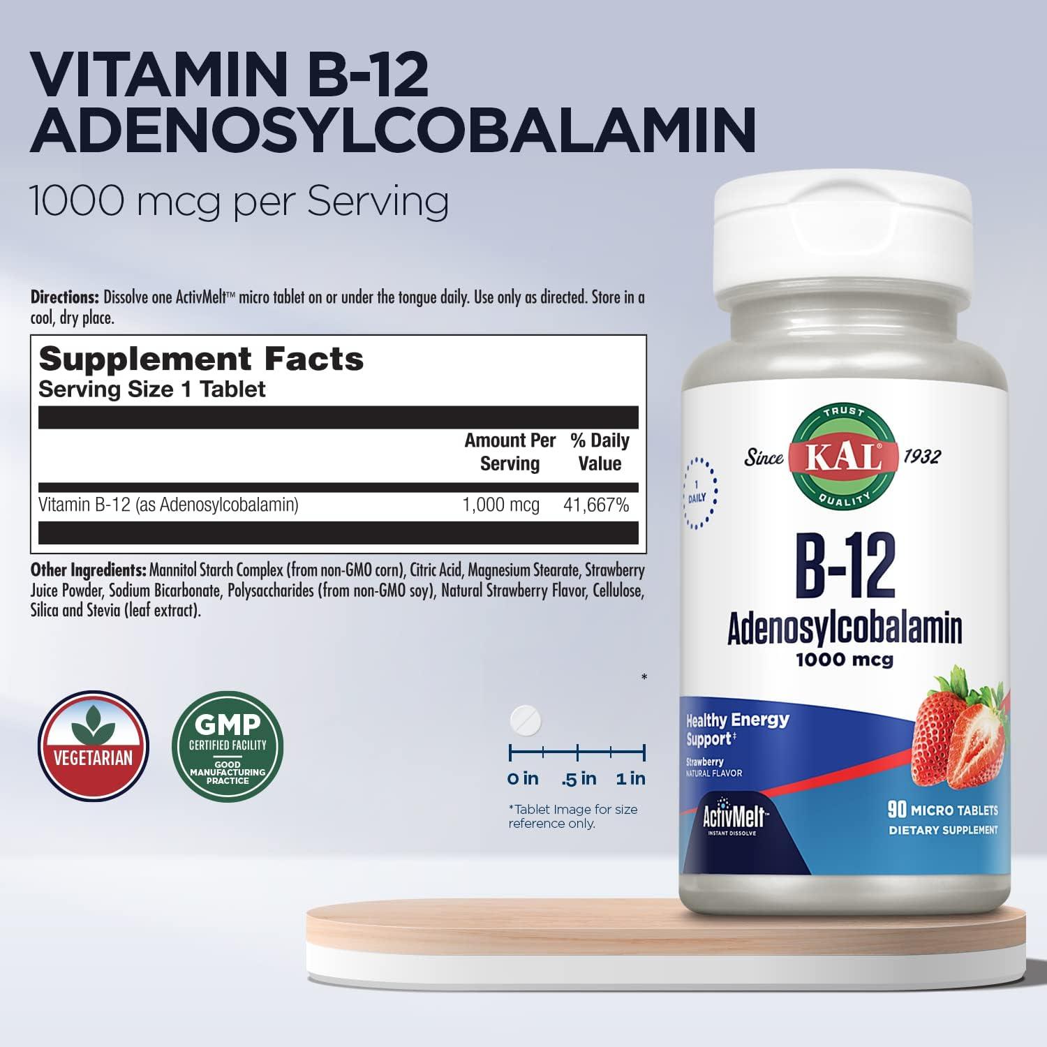 KAL Vitamin B12 1000 mcg Adenosylcobalamin ActivMelt B12 Energy Supplements Metabolism Nerve and