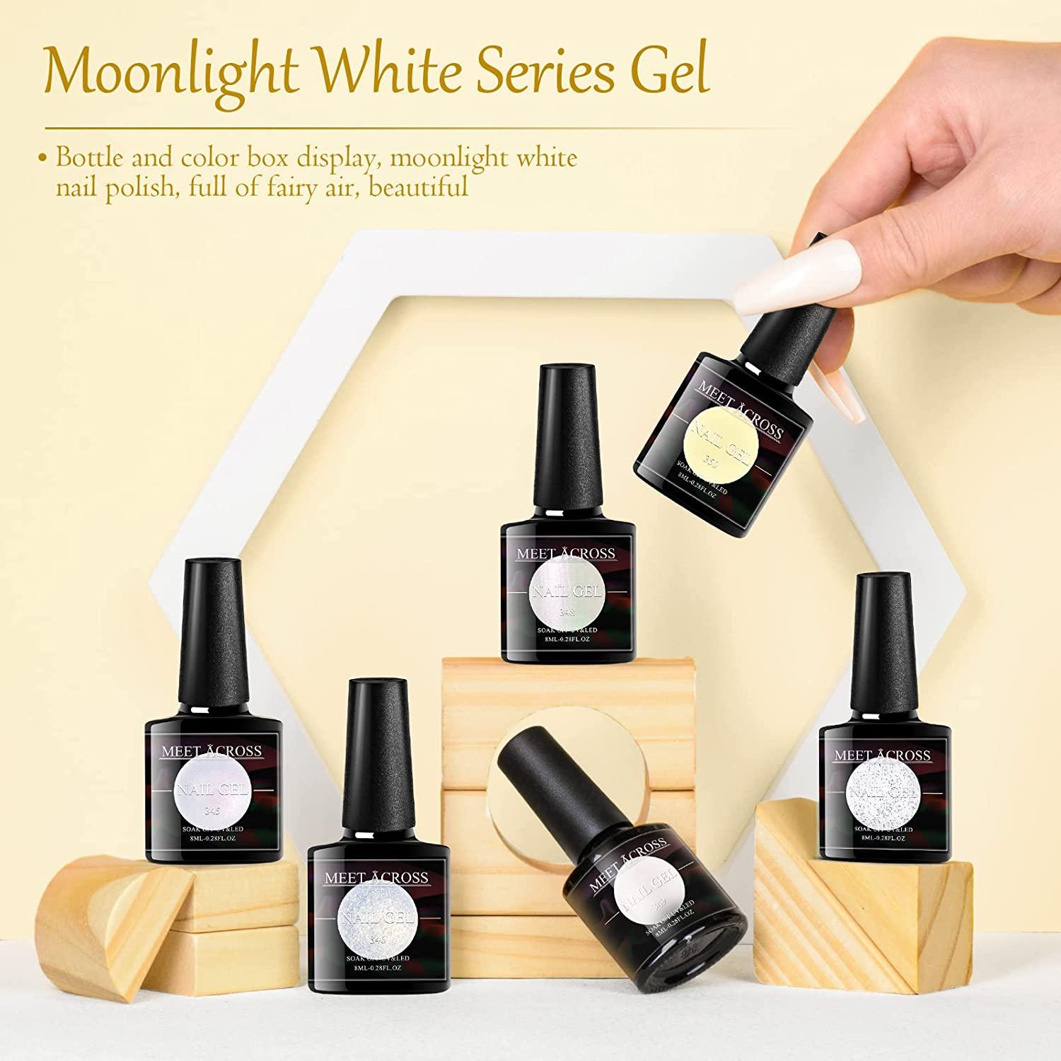 MEET ACROSS 6Piece White Nail Polish Set Milky White, Nude, Shimmer Glitter, Sheer Jelly Gel