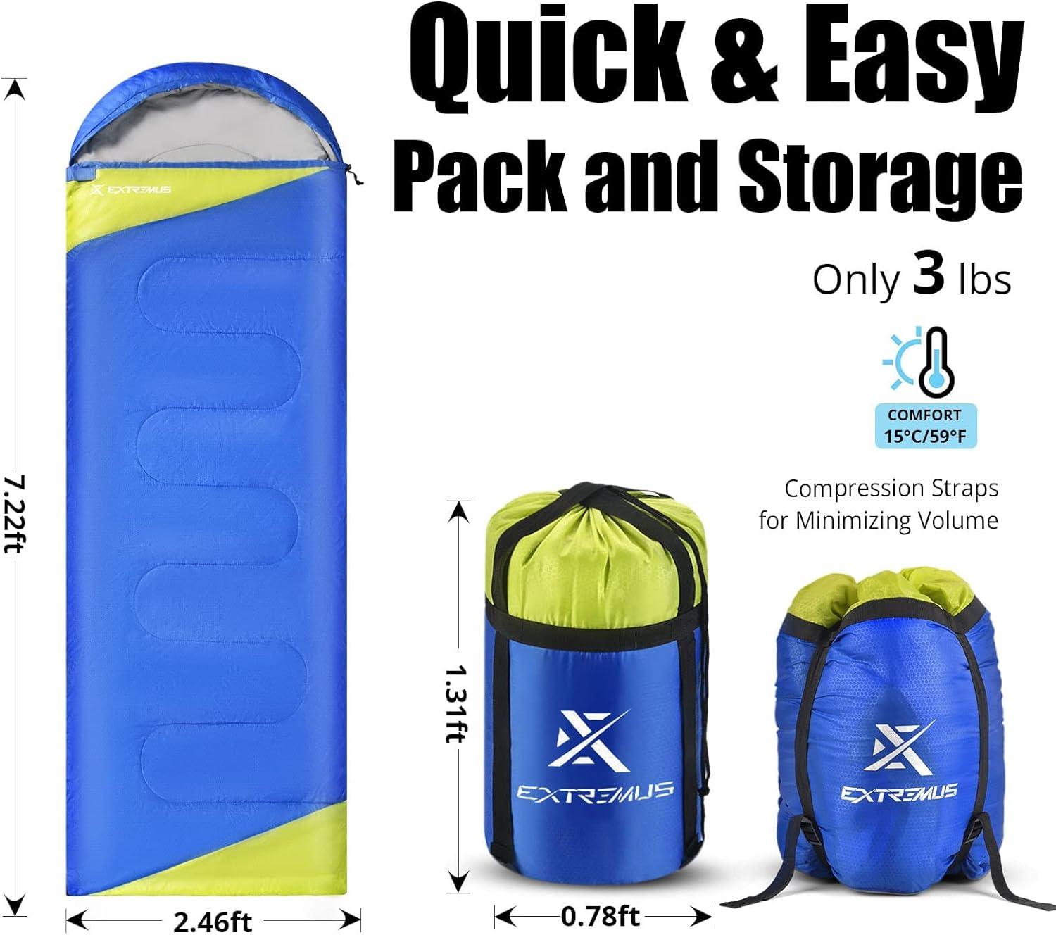Extremus Rectangular Camping Sleeping Bag 3-Season Comfort Single/Double  Backpacking Sleeping Bags for Adults Lightweight water repellency Camping  Gear Stuff Sack With Compression Straps Included A: Single-Royal  Blue/Chartreuse