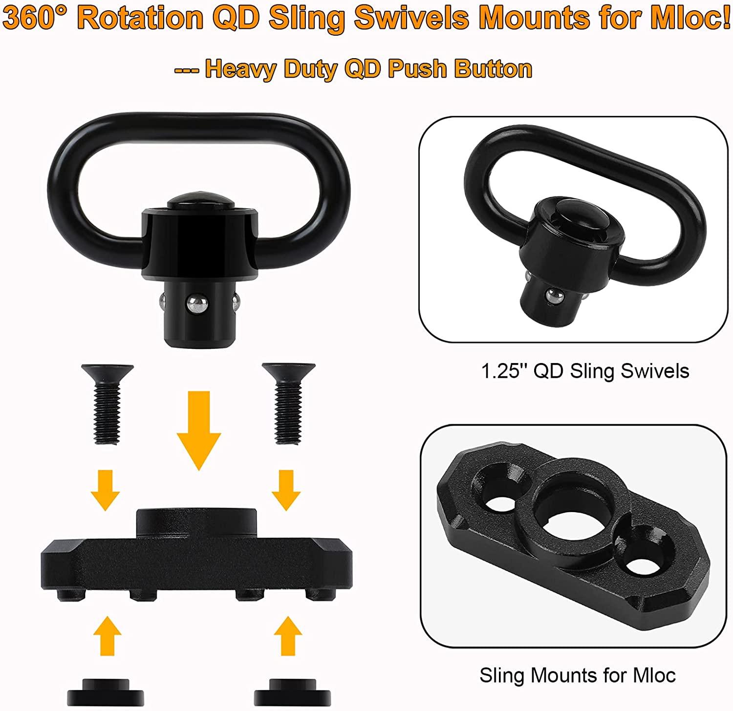 REERON 2 Point Sling & Mloc Sling Mount - Adjustable Extra Long Two Point  Traditional Rifle Sling with 2 Pack 1.25 QD Sling Swivels Mounts for M  Lock Rail System 2 Pack 360 Rotation Sling Mounts