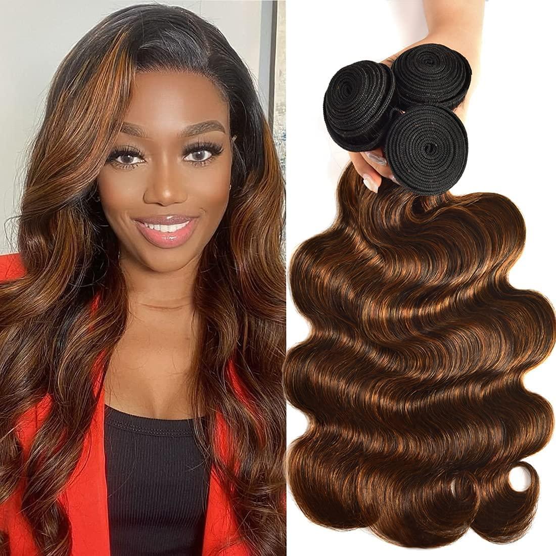 Unice Brown Highlight Body Wave Human Hair Weave 3 Bundles 14 16 16 Inches, Brazilian  Remy Hair Ombre Blonde Human Hair Wavy Weaves Sew In Fb30 Piano Color 14 16  16 Inch Brown Highlight Color