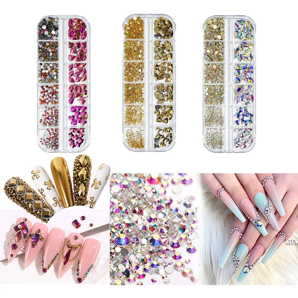 735 Pieces Gold Nail Rhinestones for Acrylic Nails Gold Stones for Nails  Crystals 3D Nail Diamonds Art Decoration Crafts DIY (Gold AB)