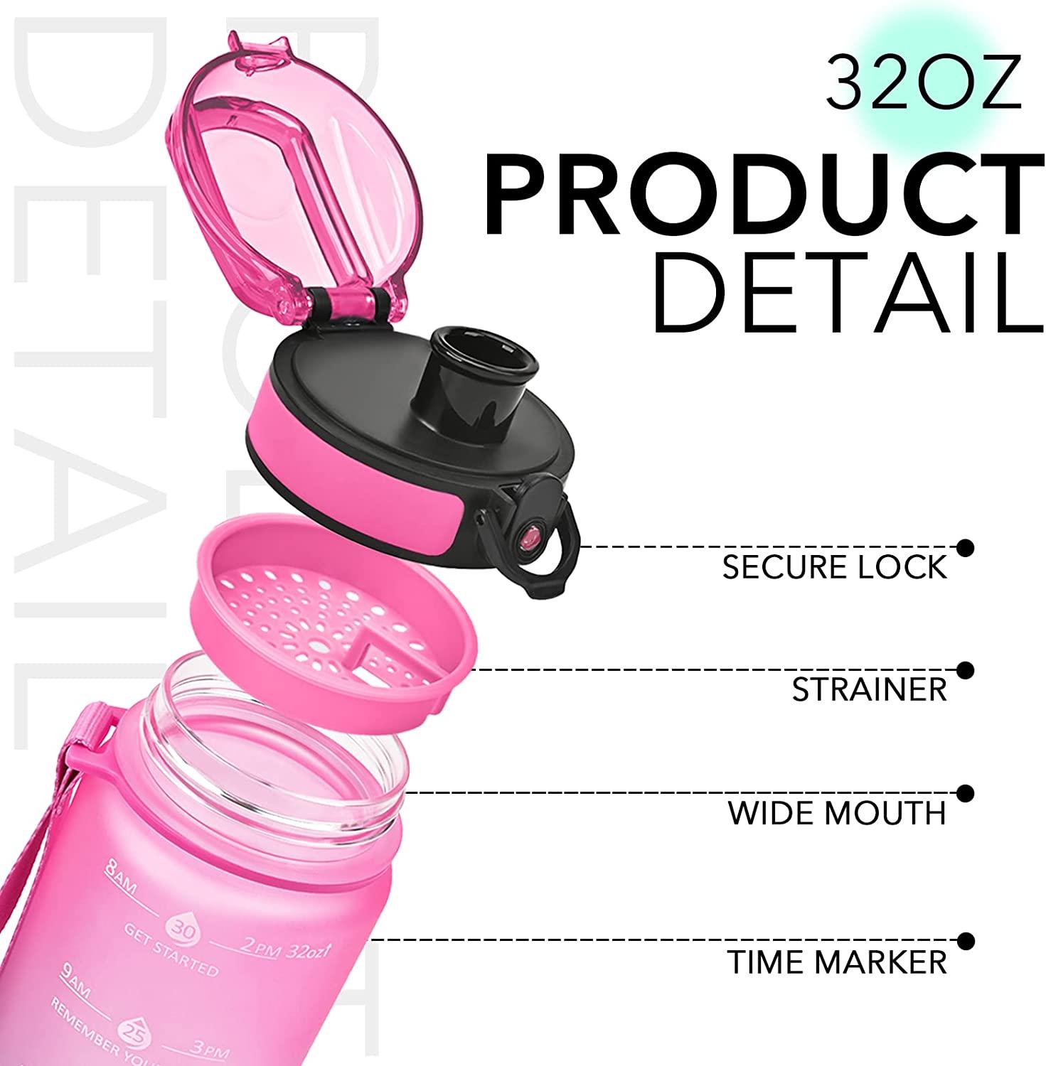 Sutowe Motivational Water Bottle 32oz/1L with Time Marker & Removable Strainer to Remind You Drink More Water Leakproof BPA Free Wide Mouth Sport