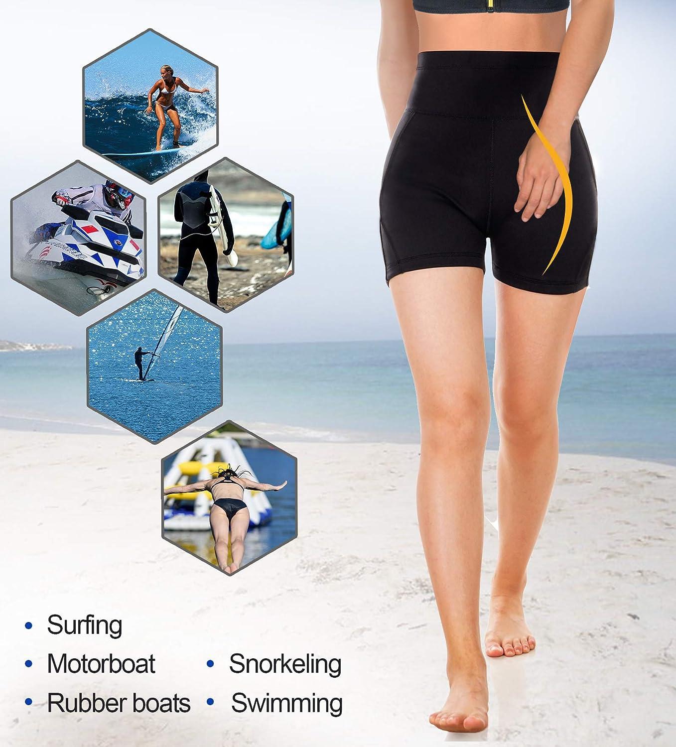 CtriLady Women Wetsuit Shorts Surfing Kayaking Snorkeling Swimming Pants  Swimsuit Bottom Water Sports Swimwear Capris with Back-Zipper-Pocket All  Black Small