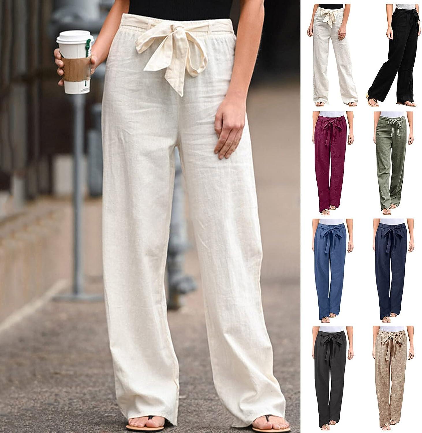 Linen Pants for Women Summer Casual Smocked High Waist Palazzo